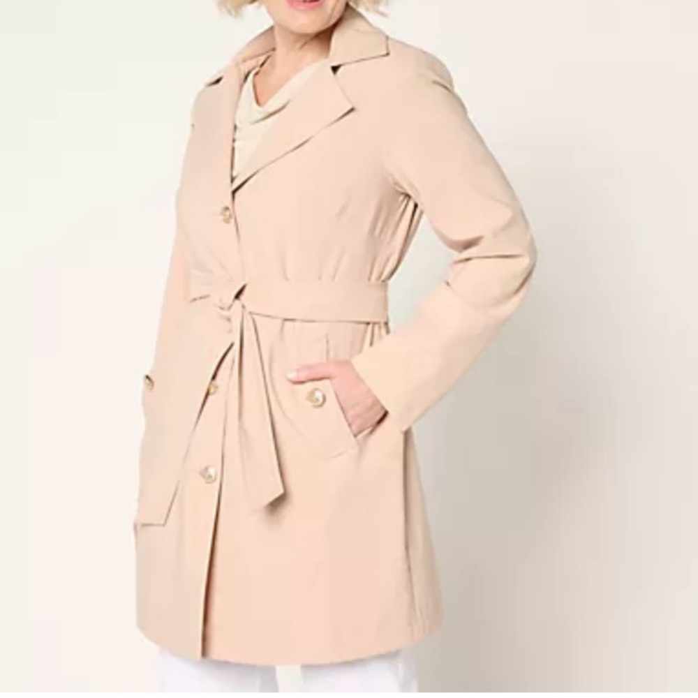 Dennis Basso Water Resistant Trench Coat Detachable Hood Pockets Champagne